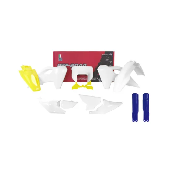 FULL PLASTIC KIT 8 PCS WITH WHITE FRONT HEADLIGHT PLASTIC AND BLUE FORK PROTECTORS