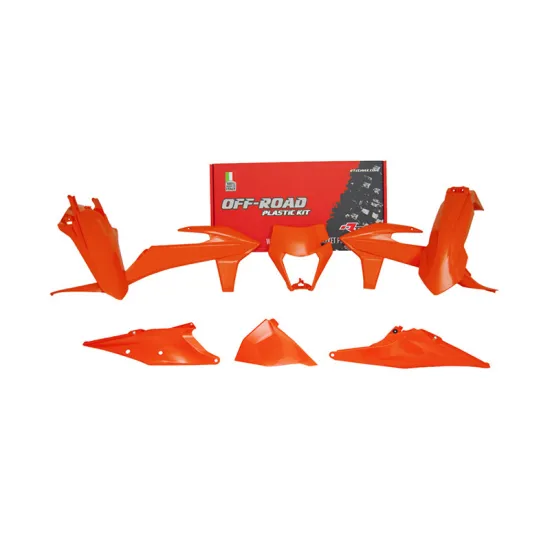RTECH PLASTIC KIT 6 PCS WITH LEFT AIRBOX COVER & ORANGE HEADLIGHT PLASTIC - R-KITKTM-AR0-520
