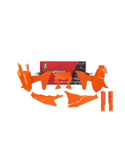 RTECH PLASTICS KIT 7 PCS WITH LEFT AIRBOX COVER, ORANGE HEADLIGHT PLASTIC AND ORANGE FORK PROTECTORS - R-KITKTM-AR0-704