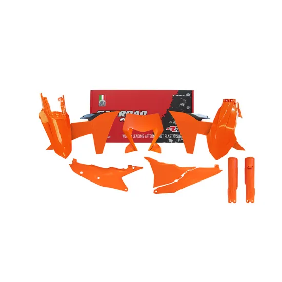 RTECH PLASTICS KIT 7 PCS WITH LEFT AIRBOX COVER, ORANGE HEADLIGHT PLASTIC AND ORANGE FORK PROTECTORS - R-KITKTM-AR0-704