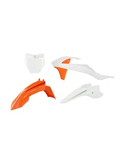 RTECH PLASTIC KIT 4 PCS front fender orange, front plate white, shrouds white/orange, rear fender white - R-KITKTM-AR3-050