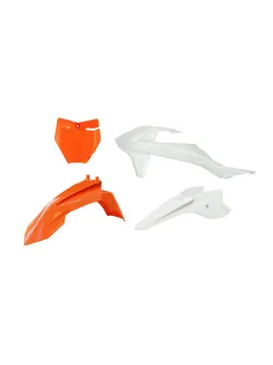 RTECH PLASTIC KIT 4 PCS front fender orange, front plate orange, shrouds white, rear fender white - R-KITKTM-AR4-050
