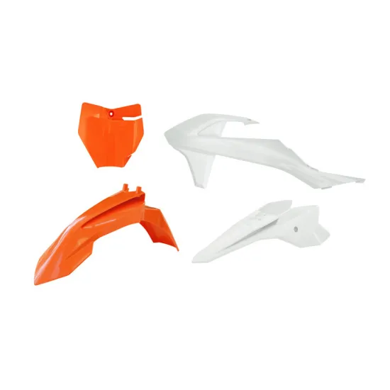 RTECH PLASTIC KIT 4 PCS front fender orange, front plate orange, shrouds white, rear fender white - R-KITKTM-AR4-050
