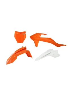 RTECH PLASTIC KIT 4 PCS front fender orange, front plate orange, shrouds orange, rear fender white - R-KITKTM-AR5-050