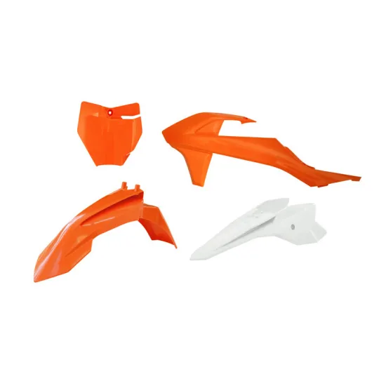 RTECH PLASTIC KIT 4 PCS front fender orange, front plate orange, shrouds orange, rear fender white - R-KITKTM-AR5-050