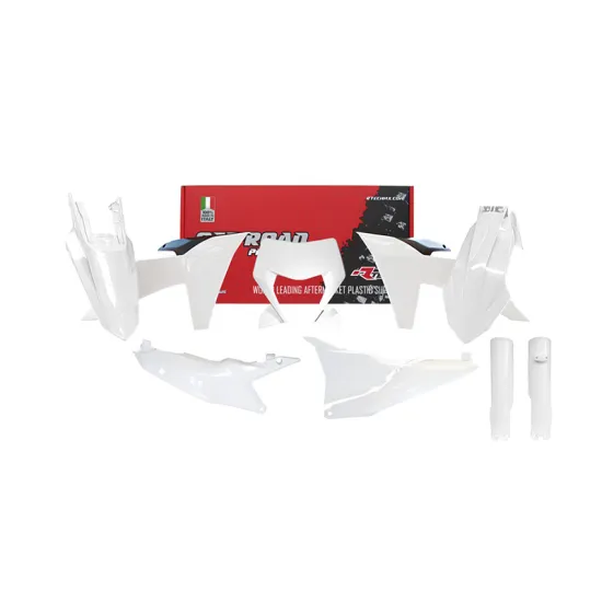RTECH PLASTICS KIT 7 PCS WITH LEFT AIRBOX COVER, WHITE HEADLIGHT PLASTIC AND WHITE FORK PROTECTORS - R-KITKTM-BN0-704