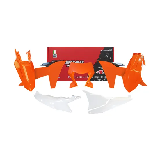 RTECH PLASTIC KIT 6 PCS WITH LEFT AIRBOX COVER & ORANGE HEADLIGHT PLASTIC - R-KITKTM-OEM-624