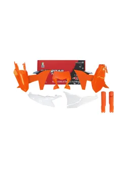 RTECH PLASTICS KIT 7 PCS WITH LEFT AIRBOX COVER, ORANGE HEADLIGHT PLASTIC AND ORANGE FORK PROTECTORS - R-KITKTM-OEM-704