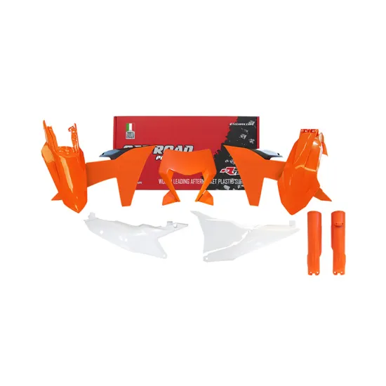 RTECH PLASTICS KIT 7 PCS WITH LEFT AIRBOX COVER, ORANGE HEADLIGHT PLASTIC AND ORANGE FORK PROTECTORS - R-KITKTM-OEM-704