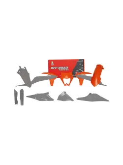 RTECH PLASTICS KIT 7 PCS WITH LEFT AIRBOX COVER, ORANGE HEADLIGHT PLASTIC AND FORK PROTECTORS - R-KITKTM-OEM-723