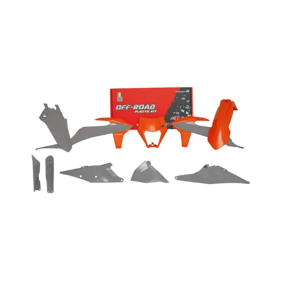 RTECH PLASTICS KIT 7 PCS WITH LEFT AIRBOX COVER, ORANGE HEADLIGHT PLASTIC AND FORK PROTECTORS - R-KITKTM-OEM-723