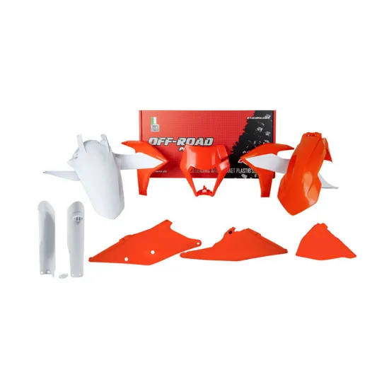 RTECH PLASTICS KIT 7 PCS WITH LEFT AIRBOX COVER, ORANGE HEADLIGHT PLASTIC AND FORK PROTECTORS - R-KITKTM-OEM-733