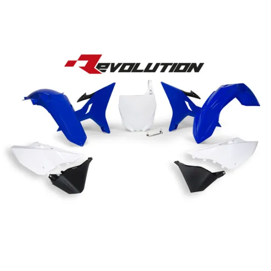 RTECH REPLACEMENT PLASTIC KIT 6 PCS includes blue fenders, blue shrouds, white side panels, black airbox side panels, white front plate - R-KITYZ0-BL0-REV