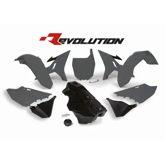 RTECH PLASTIC KIT 7 PCS includes black  gas tank, gas cap and front plate adapter - R-KITYZ0-GR0-016